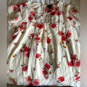OLM Women’s Sheer layered top Cap Ruffle Sleeves Size XL White Floral Print NWOT